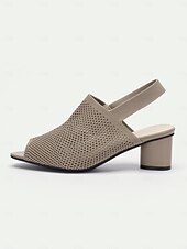 billige Uformelle sandaler-kvinners beige peep toe slingback hæler - stilige strikkede blokkhælsandaler
