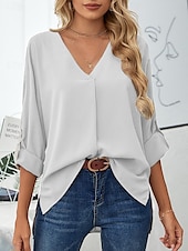 cheap Work Tops-Women&#039;s Shirt Dressy Tops Elegant 3/4 Length Sleeve V Neck Ruched Black White Dusty Rose Khaki Spring &amp; Summer