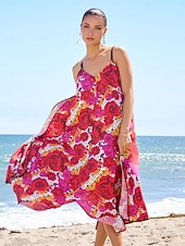 billiga Semesterklänningar-Dam Bandklänning Solklänning Sommarklänning Midiklänning Rubinrött Rem Tryck Reste sig Blommor V-ringad Mönster Asymetrisk fåll Vår &amp; sommar V-hals Sexig V-Front semester klänning Semester S M L