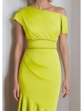 abordables Robes pour invitées de mariage-Robe de mariage invitée sirène élégante robe invitée de mariage longueur thé à manches courtes bretelle unique en charmeuse avec bretelles 2025