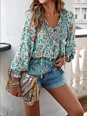 billige Boho topper-damebluse stilig boho blomsterslips foran lanternearm langermet knytehals daglig rosa marineblå oransje grønn sommer