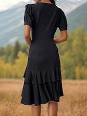 ieftine rochie midi neagra-Pentru femei Rochie neagra Rochie Mini Bufantă Buton Muncă Dată Oficial În V Manșon scurt Negru Culoare
