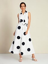 preiswerte Blumenkleider-Damen blusenkleid Saum Maxi Maxidress Weiß Ärmellos Punkt Tasche Bindegürtel Sommer Kargen Casual S M L