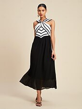 economico Abiti per le feste-chiffon nero&amp;amp;abito lungo senza maniche con elastico in vita a righe in raso e collo annodato per feste/invitati a nozze per stupire 2024
