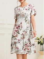 preiswerte Blumenkleid-Damen Elegantes Partykleid Abendkleid Midi Kleid Rundhals Kurzarm Shift Kleid A-Linien Kleid Sommerkleid Alltag Lockere Passform Floral Grün Beige Sommer
