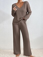 voordelige Nachtkleding voor dames-dames pyjama sets pure kleur mode comfort thuis dagelijks bed brei ademend v draad lange mouwen broek elastische taille lente herfst zwart kameel thuis outfits