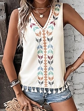 billige Boho t-skjorte-Dame Singleter Fritid Ermeløs V-hals Vanlige topper Daglig Trykt mønster Svart Hvit Rosa matt-hvit Sommer