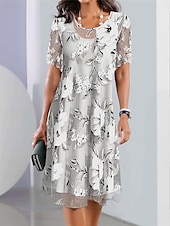 cheap Casual Dress-Women&#039;s Elegant Chiffon Dress Floral Mesh Print Crew Neck Midi Dress Daily Vacation Short Sleeve Summer Spring