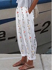 abordables Pantalon droit-Pantalons en coton et lin pour femmes Pantalons amples Aspect lin Décontracté Confort Longueur totale Papillon Poches latérales Ample Imprimé Confort Non élastique Quotidien Streetwear Blanc Rouge
