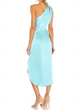 abordables Robes pour invitées de mariage-Robes Invitée de Mariage Fourreau Élégante Robe Semi-Formelle Longueur Thé Sans Manches Épaule Dénudée Soie Immitée avec Plis 2025