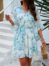 billiga Casual blommiga klänningar-kvinnors omlottklänning blommig volang bälte v-ringad fladderärm miniklänning elegant daglig 3/4 lång ärm sommar