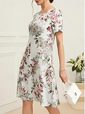 preiswerte Blumenkleid-Damen Elegantes Partykleid Abendkleid Midi Kleid Rundhals Kurzarm Shift Kleid A-Linien Kleid Sommerkleid Alltag Lockere Passform Floral Grün Beige Sommer