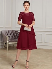 abordables Longueur du thé-Robe mère de la mariée A-Line élégante formelle à col bijou longueur thé en chiffon à courte manche avec dentelle taille sur mesure gratuite