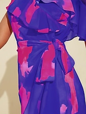 abordables Robe de cocktail-Robe mi-longue à basque pour femmes, tenue d&#039;invité de mariage, violet, orange, manches courtes, volants fleuris, cravate sur le devant, printemps &amp;amp; été asymétrique romantique s m l