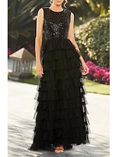 abordables Robes pour invitées de mariage-Robe Invitée de Mariage A-Ligne Élégante Robe Formelle Soirée Fête Longueur Maxi Sans Manches Col Bijou Automne Invitée de Mariage Tulle avec Frange 2025