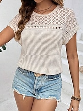economico Top in Pizzo-Top in pizzo bianco elegante da donna con occhiello blusa elegante casual semplice regolare maniche corte girocollo pizzo regolare quotidiano romantico top petite estivi per le vacanze nero verde