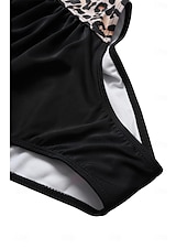 baratos Fatos de Banho 1 Peça-Maiô Feminino de Uma Peça Controle de Barriga Decote Canadense Painéis com Estampa de Leopardos Costas Nadador Ruchado Moda de Verão Praia Secagem Rápida Tecido Stretch Tamanho Completo Maiô Preto