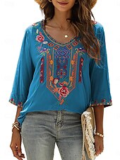 billige Kvinnenes ferietopper-Dame Bluse Geometrisk Bohem 3/4 ermer V-hals Vanlige topper Daglig Broderi Svart Hvit Gul Rød Blå Sommer