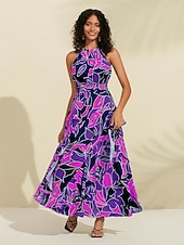 economico Abiti floreali-Per donna Vestito in Chiffon Abito maxi Blu Viola Senza Maniche Floreale Volant Stampa Primavera &amp; Estate Il giro Abito a Fantasia XS S M
