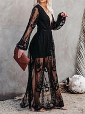 preiswerte Weiße Spitzenkleider-Damen Weißes Kleid Maxidress Patchwork Hochzeit Party Elegant V Ausschnitt Langarm Schwarz Weiß Farbe