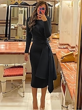 economico Abiti da cocktail-Abiti da cocktail scivolati per matrimoni in spiaggia abito elegante formale autunno lunghezza ginocchio manica lunga scollo gioiello tessuto elasticizzato con pieghe abiti Derby arricciati 2025