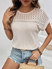 economico Top in Pizzo-Top in pizzo bianco elegante da donna con occhiello blusa elegante casual semplice regolare maniche corte girocollo pizzo regolare quotidiano romantico top petite estivi per le vacanze nero verde