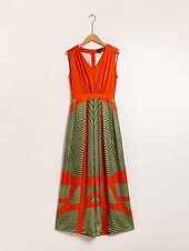 Недорогие Jumpsuits-атласный полосатый комбинезон без рукавов с v-образным вырезом