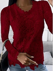 preiswerte Elegante Oberteile-Hemd Bluse Elegante Oberteile Damen Weiß Rosa Wein Glatt Spitze Strasse Täglich Modisch Rundhalsausschnitt Regular Fit S