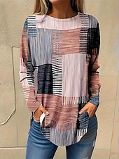 abordables T-shirt rayé et géométrique-Femme Normal T shirt Graphic Plaid Rétro Vintage Mode Décontractées manche longue Col Rond Hauts réguliers Vacances du quotidien Sortie Patchwork Imprimer Jaune Rose Claire Gris Clair Toutes les