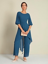 お買い得  Jumpsuits-レディース シフォン イレギュラーヘム ウェディングゲスト ワイドレッグ ジャンプスーツ モダン トレンディ 美しいシルエット 多用途