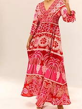 cheap Vacation Dresses-Women&#039;s Graphic Tiered Bow V Neck Puff Sleeve Maxi Dress Elegant Stylish Vacation 3/4 Length Sleeve Summer