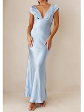 abordables Robes pour invitées de mariage-Robe de mariage invitée en mermaid bleu ciel Robe élégante Formelle Cravate noire Longueur au sol Manches courtes Col en V Charmeuse Dos croisé avec fronces 2025