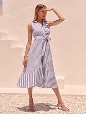 levne Květinové šaty-Dámské Resort Wear Elegantní šaty Maxi dlouhé šaty Vodní modrá Krátký rukáv Proužek kravata vpředu S proužky Potisk Jaro léto Vpředu do kříže Elegantní prázdniny šaty na dovolenou S M L
