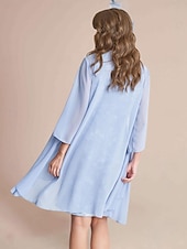 cheap With Jacket-Two Piece Sheath Mother of the Bride Dress Elegant Jewel Neck Knee Length Lace Stretch Chiffon 3/4 Length Sleeve Wrap Included Jacket Dresses with Lace free custom size