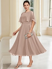voordelige Vloerlengte-Strand Bruiloft A-Lijn Moeder van de Bruid Jurk Elegante Sierlijke Hals Thee Lengte Chiffon Halve Mouw met Kant maat op maat