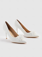 billige Formell-kvinners elegante hvite blonder høyhælte pumps med perler av blomsterapplikasjoner for bryllup og formelle arrangementer