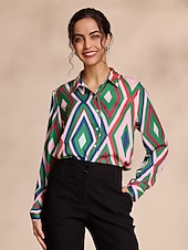 baratos camisas, tops e blusas-camisa casual com estampa geométrica de cetim
