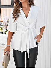 tanie Eleganckie topy-Damskie Koszula Eleganckie topy Jednokolorowe Równina Elegancja Elegancki Rękaw 1/2 W serek Praca Codzienny zawiązać z przodu Z marszczeniami Czarny Biały Królewski błękit Chłodny róż Lato Wiosna