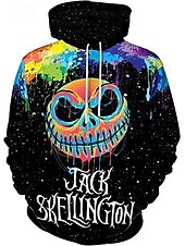 billige Hettegensere-Jack Skellington Hattetrøje Tegneserie Manga Animé 3D Lomme foran Graphic Kengurulomme Til Par Herre Dame Voksne Halloween Karneval Maskerade 3D-utskrift Fritid / hverdag