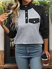 billige Teksturert hettegensere og sweatshirt-Dame Teksturert genser Fargeblokk Fritid Langermet Crew-hals Vanlige topper Hverdag Svart Høst vinter