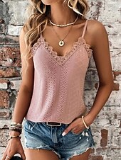 baratos Camisolas &amp; Baby Dolls de mulher-Camiseta regata feminina branca amarela rosa lisa com corte de renda moda de rua ajuste regular S