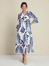 Недорогие повседневное платье с принтом-Жен. Свободное платье Курортная одежда Длинное платье Темно синий Рукав 3/4 Folk Рисунок Весна лето V-образный вырез Отпуск На каждый день S M L