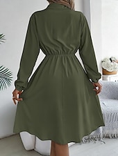 preiswerte schwarzes Midikleid-Damen Arbeitskleidung A Linie Kleid Modisch Täglich Arbeitsmode Bischof Midikleid Gefaltet Taste Hemdkragen Langarm Glatt Regular Fit Schwarz Wein Khaki Frühling Herbst S M L XL