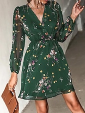 preiswerte Elegante Blumenkleider-Damen Freizeitkleid formelles Kleid Blumendruck V-Ausschnitt Minikleid stilvoll lässig täglich Date Langarm Sommer