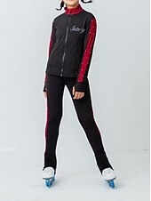 billige Figur skating treningsantrekk-Fleecejakke til skøyteløp Bukser til kunstløp Jakke og bukser til kunstløp Dame Jente Skøyteløp Jakke Strømpebukse Drakter Svart / Rød Lapper Tommelhull Spandex Elastisk Trening Profesjonell