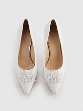 billige Formell-kvinners elegante hvite blonder høyhælte pumps med perler av blomsterapplikasjoner for bryllup og formelle arrangementer