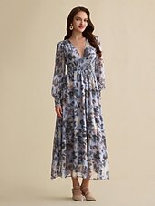 abordables Robes décontractées-femme robe longue invité de mariage bleu manches longues fleurs / plantes mousseline impression printemps &amp;amp;  Robe à motif col en V d&#039;automne, robe volante, robes corset s m l