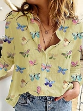 abordables Animaux Tops-Chemise Femme Élégante Stylée Imprimé Papillon À Manches Longues Col Quotidien Blanc Jaune Printemps Automne