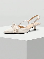 abordables tacones kitten-Tacones con punta en punta para mujer: zapatos de tacón de gatito de cuero marrón y lona beige con detalle de lazo, perfectos para la oficina, fiestas y ropa informal.