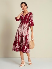 levne Květinové šaty-Dámské Volné šaty Resort Wear Midi šaty Cihlově červená Poloviční rukáv Folk Potisk Jaro léto Do V prázdniny Běžné Denní S M L